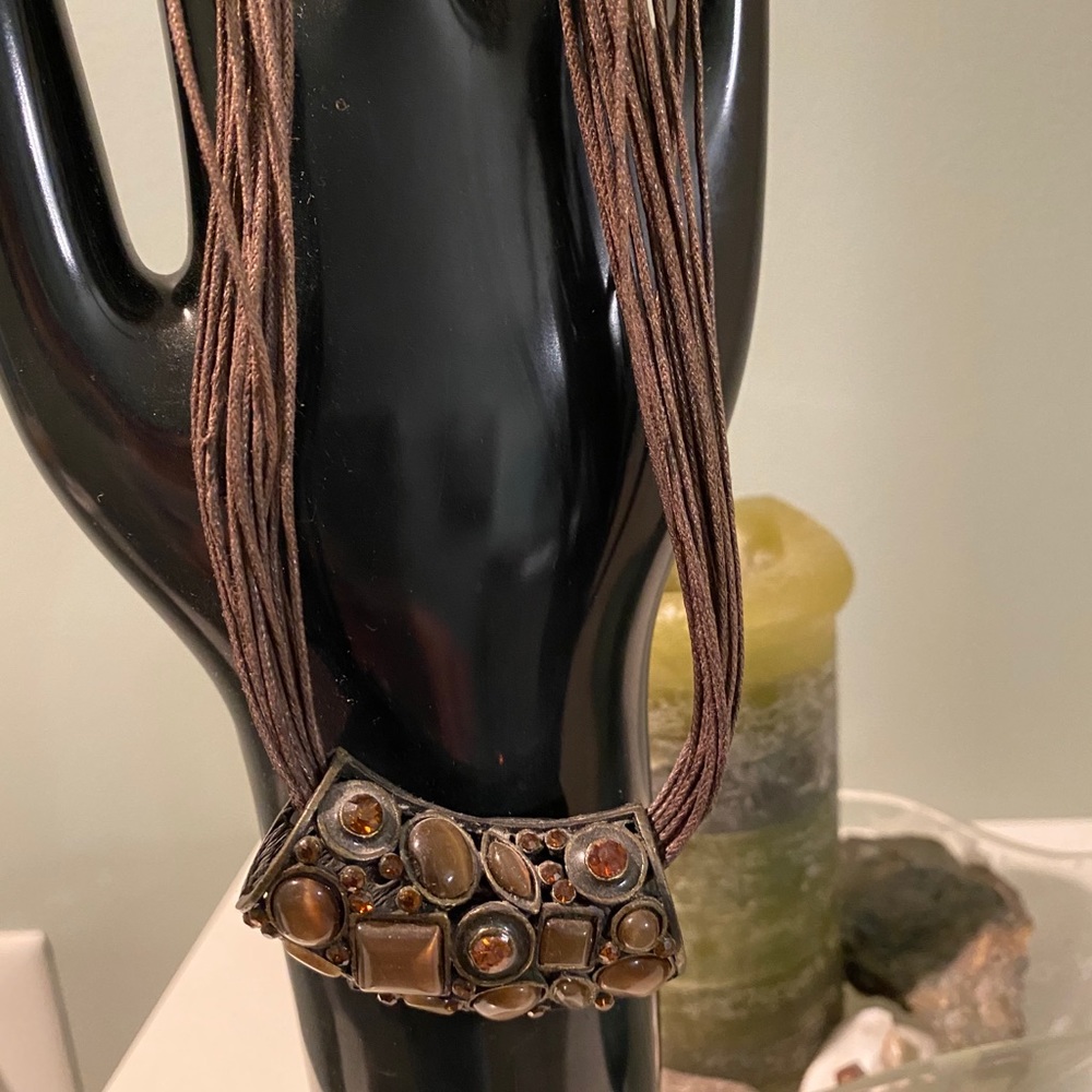 Leather Multistrand Necklace, Metal/Glass Pendant